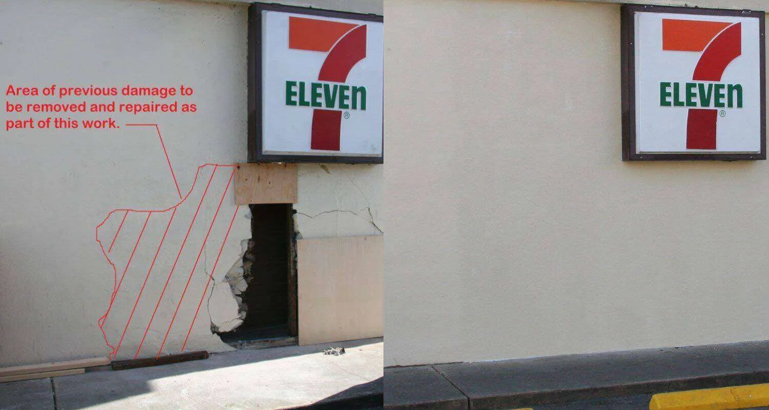 Before and after images of plaster repair on a 7-Eleven store wall, showing damage and completed repair.