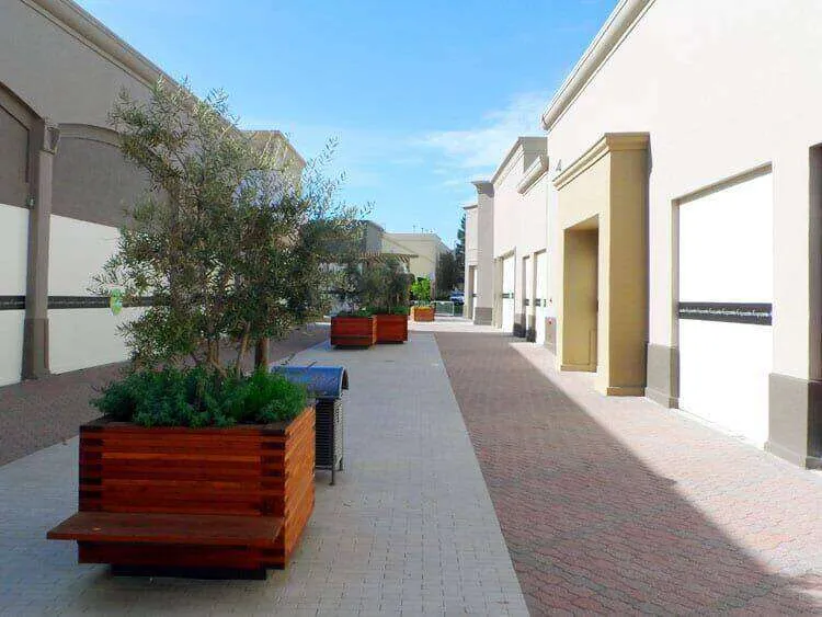Commercial building exterior with EIFS walls, paved walkway, and planters with trees.