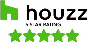 Houzz badge with green house icon and five stars indicating high rating.